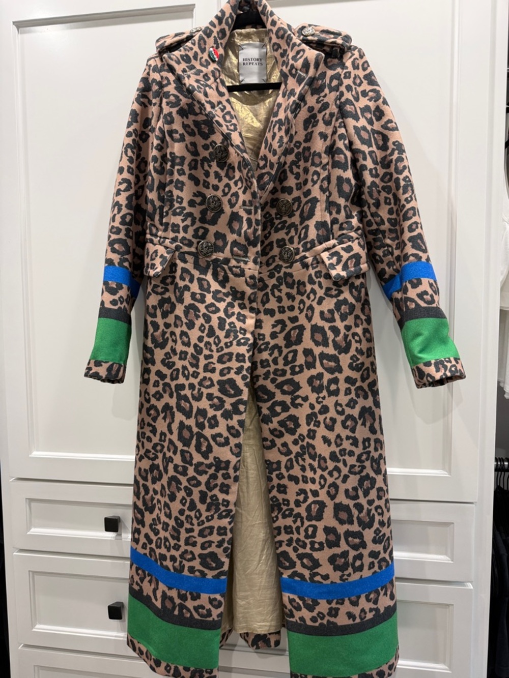 History Repeats Animal Print Long Coat with Blue & Green Trim